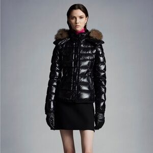 Moncler Armoise Shiny Black Puffer Jacket with Fur Hood